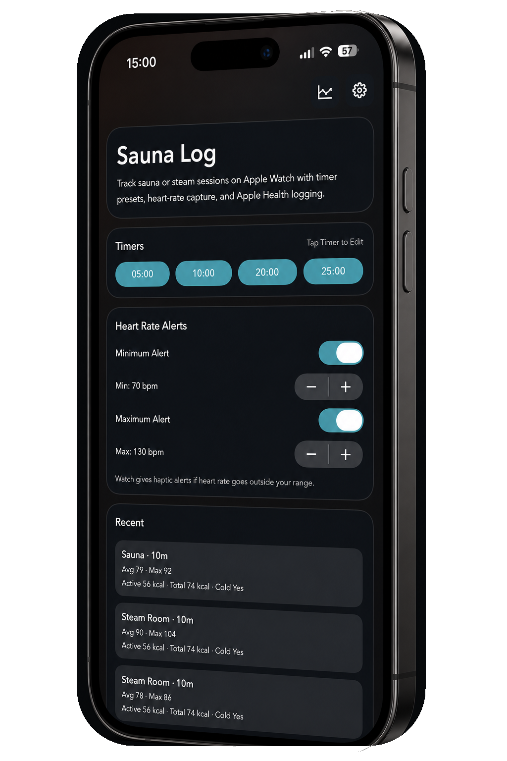 Sauna Log settings and recent history on iPhone